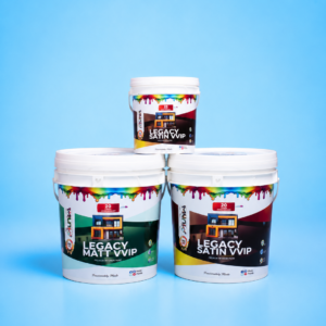 MUNA PAINT Legacy Matt VVIP and Legacy Satin VVIP premium interior paint buckets on blue background