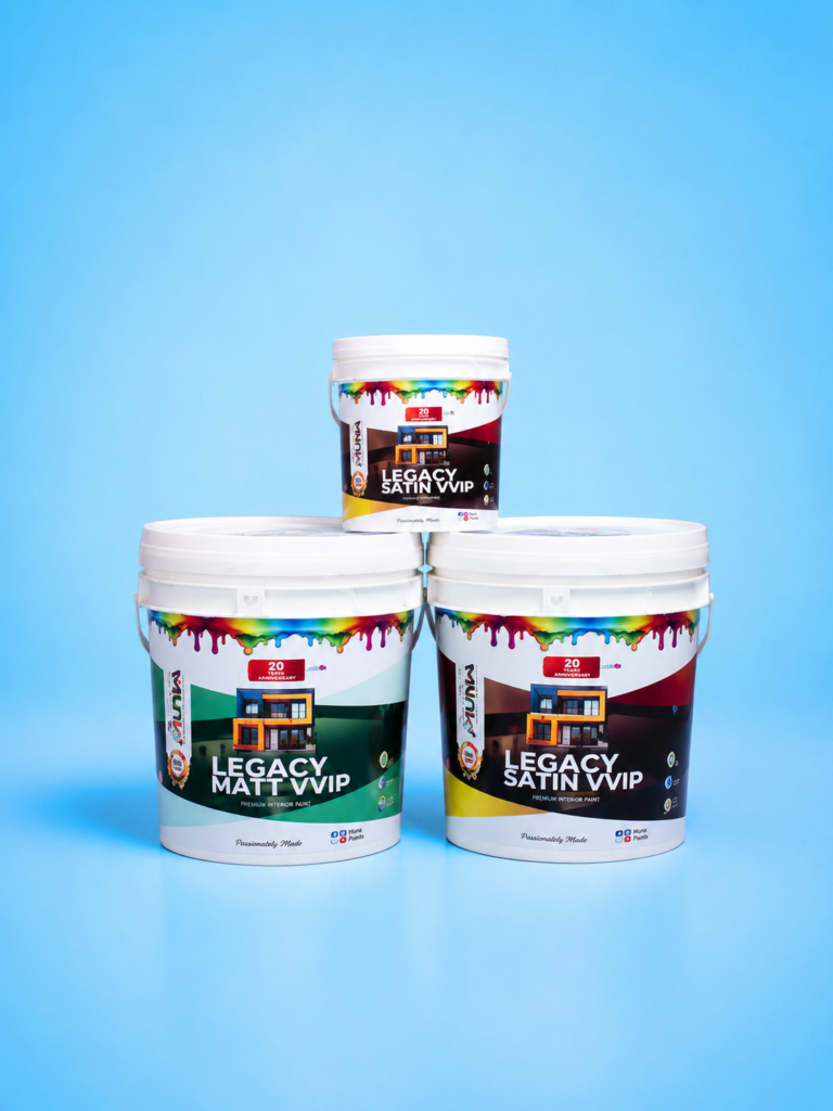 MUNA PAINT Legacy Matt VVIP and Legacy Satin VVIP premium interior paint buckets on blue background
